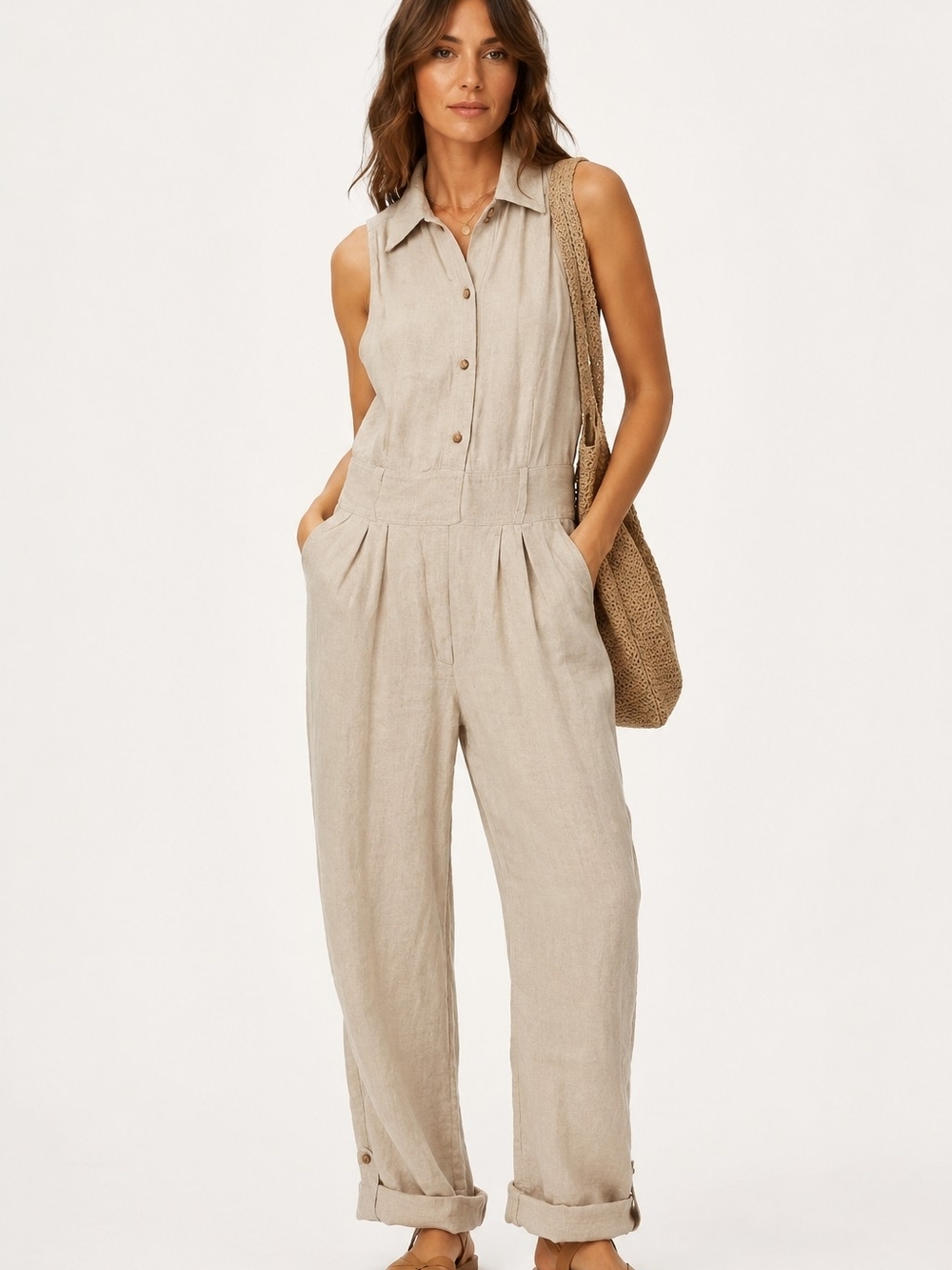 Christy Lynn Coastal Luxe Linen Blend Utility Jumpsuit Size 0 Neutral Minimalist